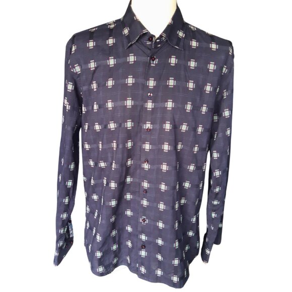 Lipson SZ LG Button Down Men's Shirt 100% Cotton Navy with Red & Green Accents - Picture 1 of 15